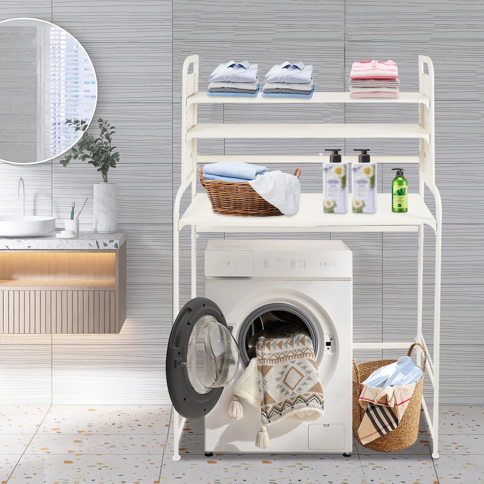Scaffale per lavatrice a 3 ripiani, lunghezza 54-81 cm, organizer sopra il WC, con ganci e tappetini antiscivolo (bianco)