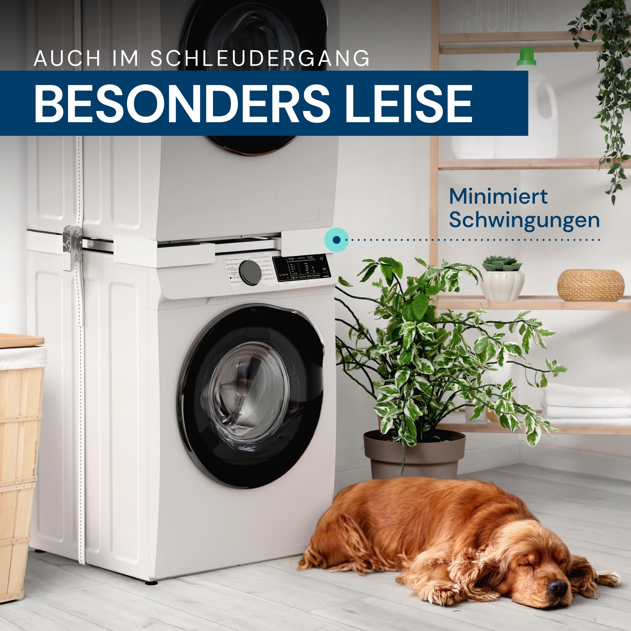 CLP Universal Verbindungsrahmen für Waschmaschinen & Trockner, stapelbar höhenverstellbar, mit Ablagefach & Spanngurt, Stabiler Baurahmen, Farbe:weiß