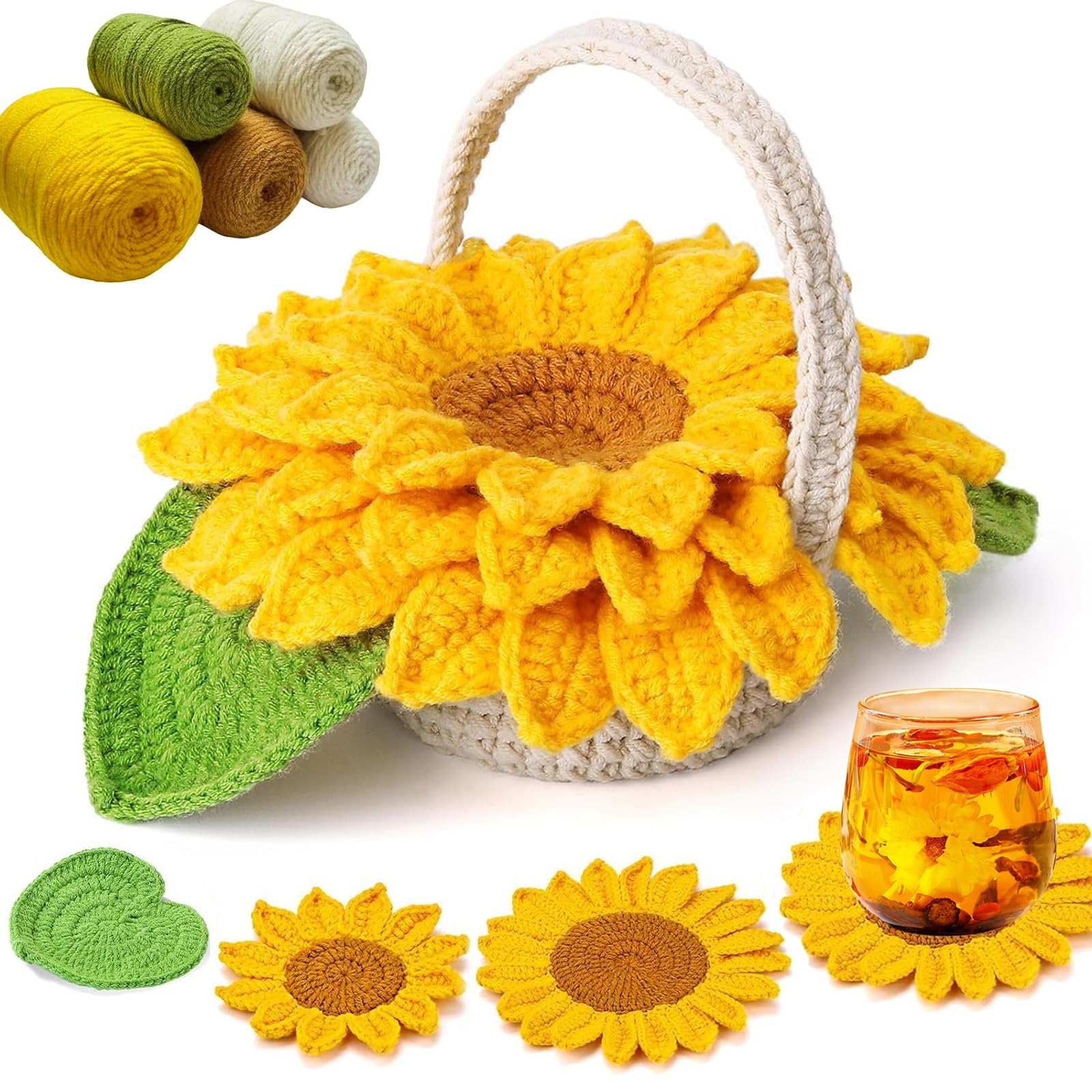 Kit all'uncinetto per principianti e adulti, set di 4 sottobicchieri per vasi di fiori, kit all'uncinetto con video tutorial, facile da imparare a lavorare all'uncinetto per ufficio, camera da letto