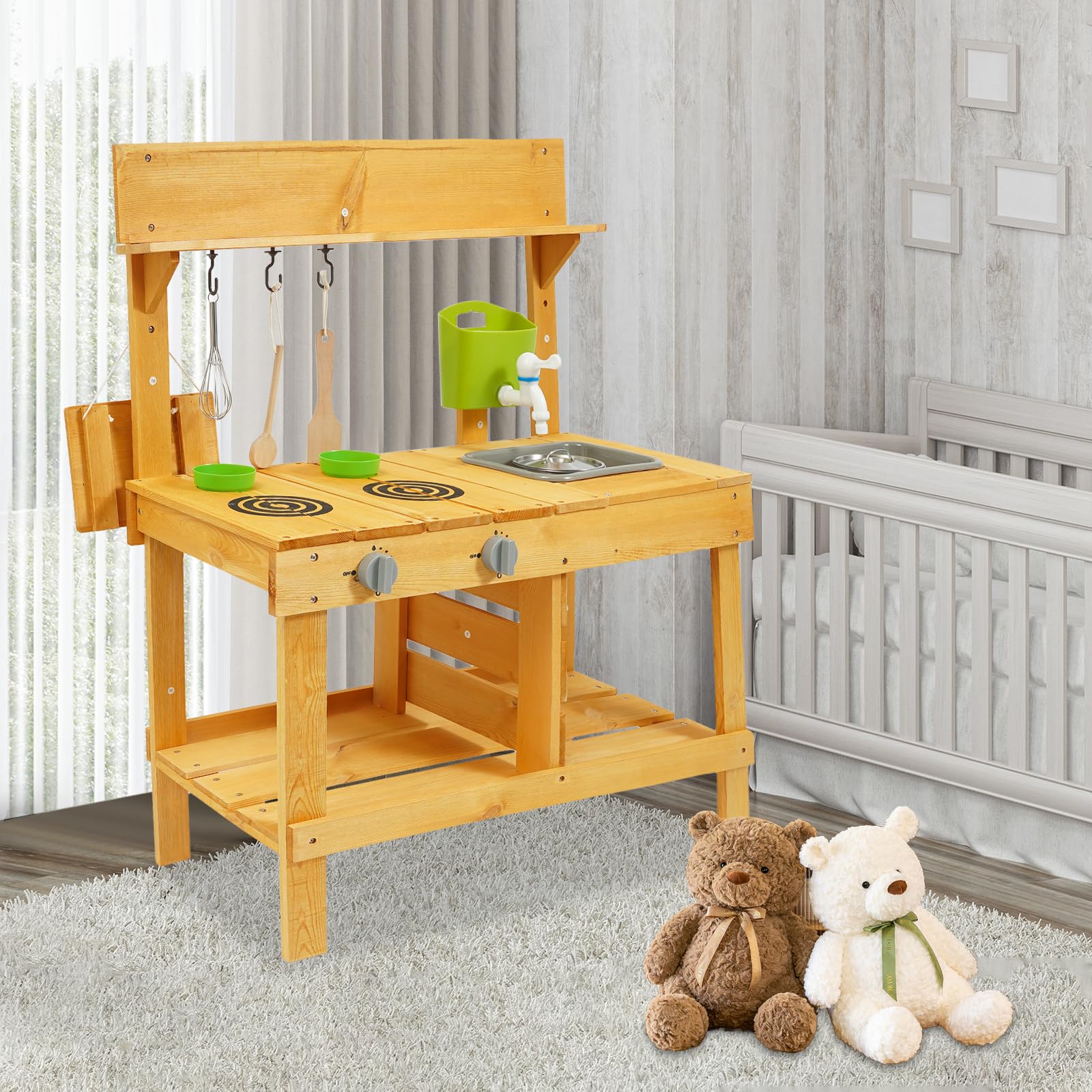 Grande cuisine en bois pour enfants – Cuisine de jeu extérieure avec véritable robinet, évier et accessoires pour un jeu créatif dans le jardin – Jouet de rôle robuste pour enfants de 3 à 8 ans