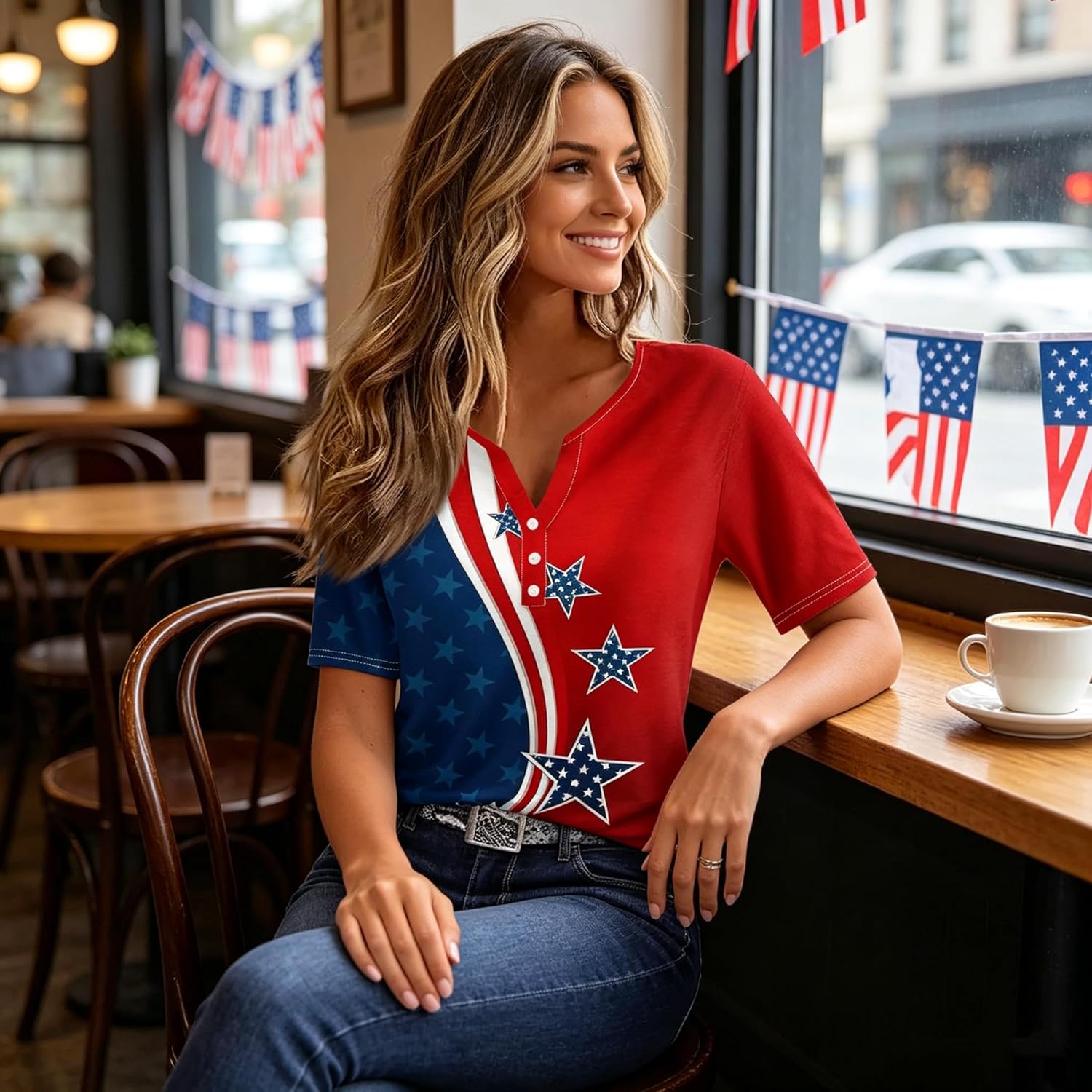 4th of July Outfits for Women V-Neck Henley Patriotic Tops Short Sleeve Summer USA T-Shirt