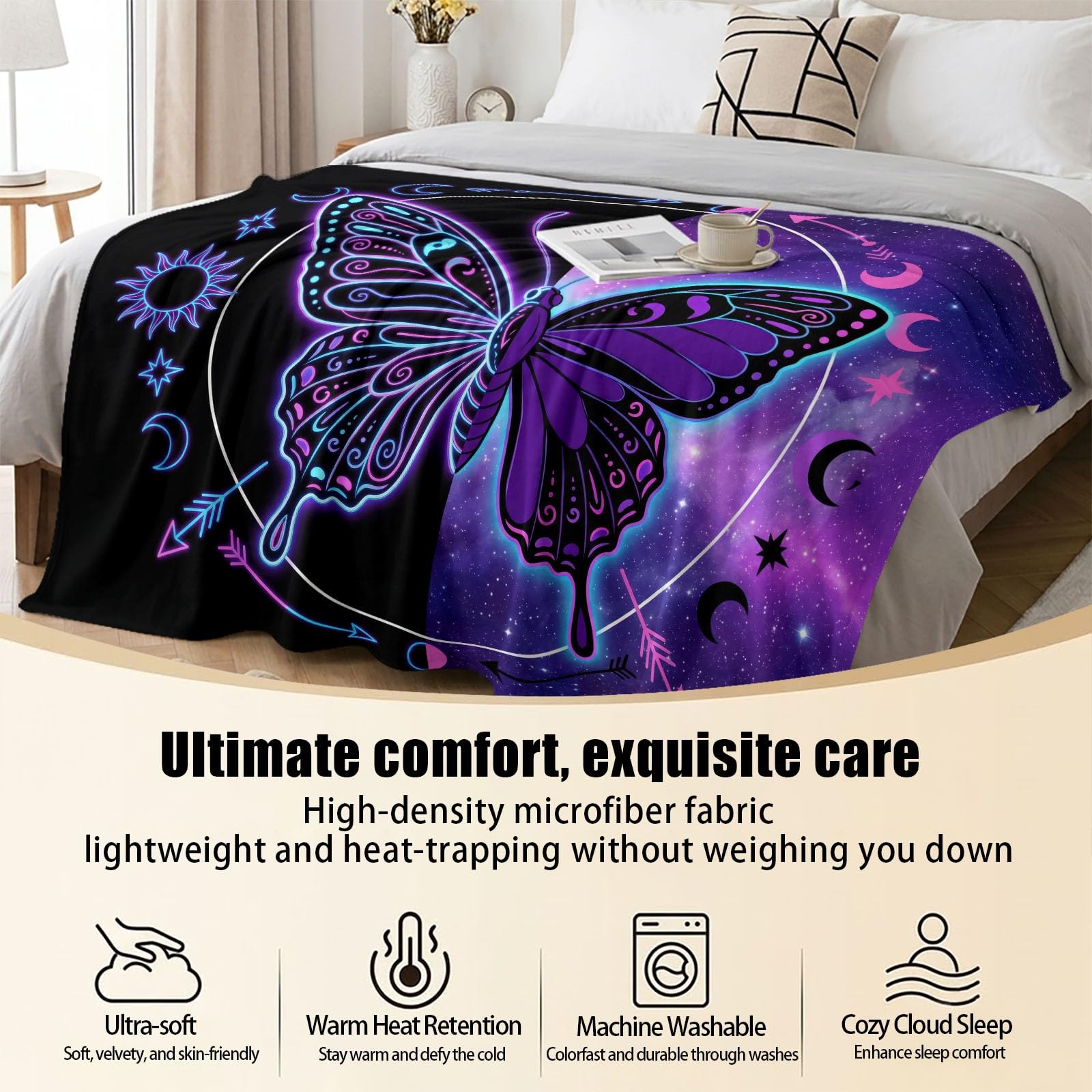 Manta de franela con estampado de fantasía, 150 x 200 cm, manta suave para cama, silla, sofá, sofá, neón, símbolo celestial, animal, mariposa, mullida, manta de felpa para aire acondicionado y siestas