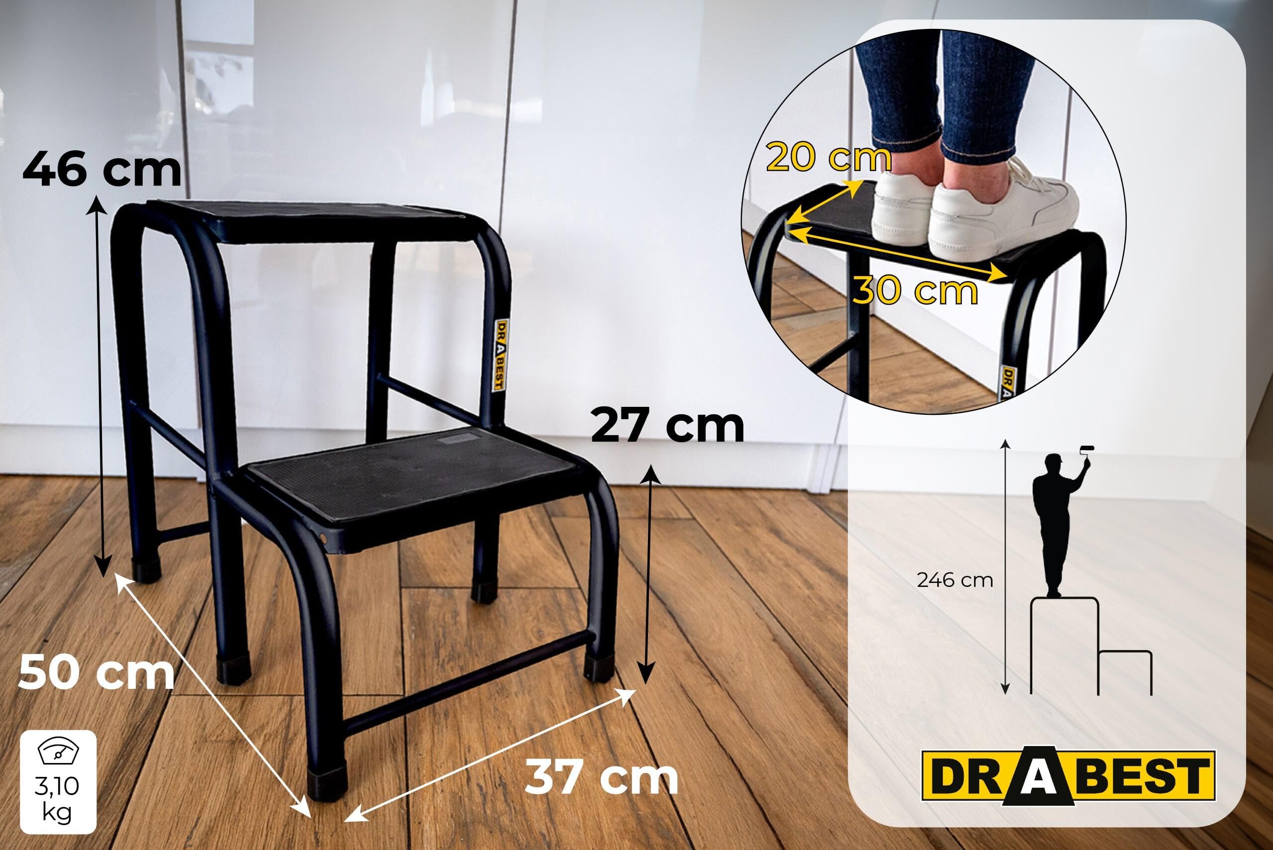 Drabest - Gradini in Acciaio Nero - Piedini Antiscivolo, Piattaforma Ampia e Confortevole - Carico Massimo 150kg - Scaletta, Gradini Laterali, Sgabello - 2 Gradini