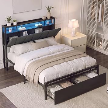Double Bed Frame, Upholstered Bed with Large Storage Drawer, Charging Ports and Adjustable Headboard, Sturdy and Noise-Free for Bedroom, 135   190 cm