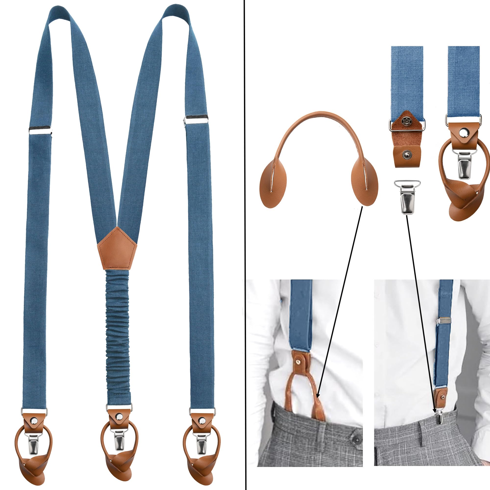Leinen Hosenträger mit Leder für Herren, Y-Form und 3cm breite, Verstellbar, Universal- Handgefertigt in EU