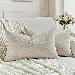 FUTEI Beige Chenille Decorative Throw Pillow Covers 12x20 Inch Set of 2,Soft Cozy Faux Linen Textured Lumbar Pillow Cases,Farmhouse Home Decor for Couch Living Room