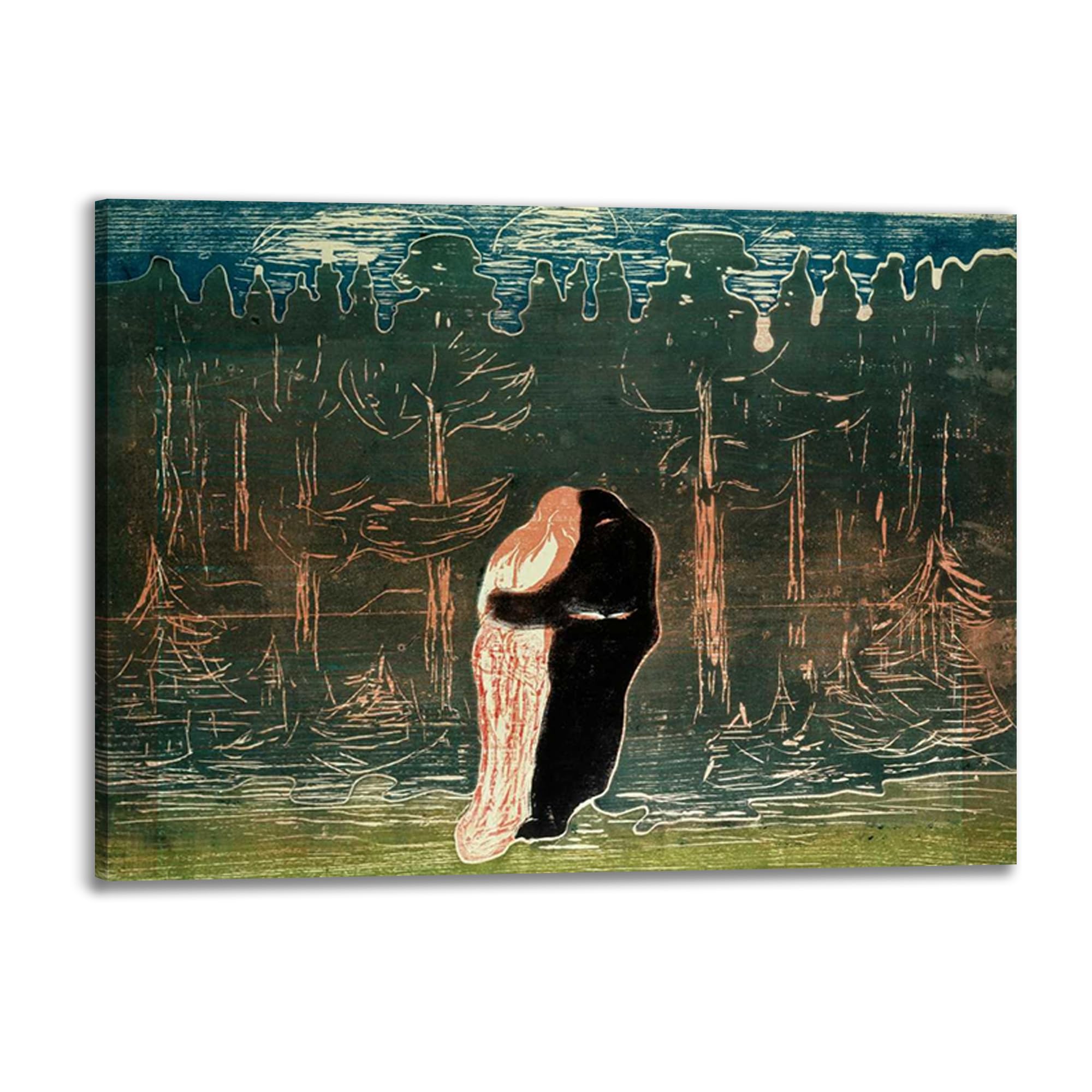 Toile Edvard Munch Lovers 80x60 cm encadrée en bois pour décoration murale