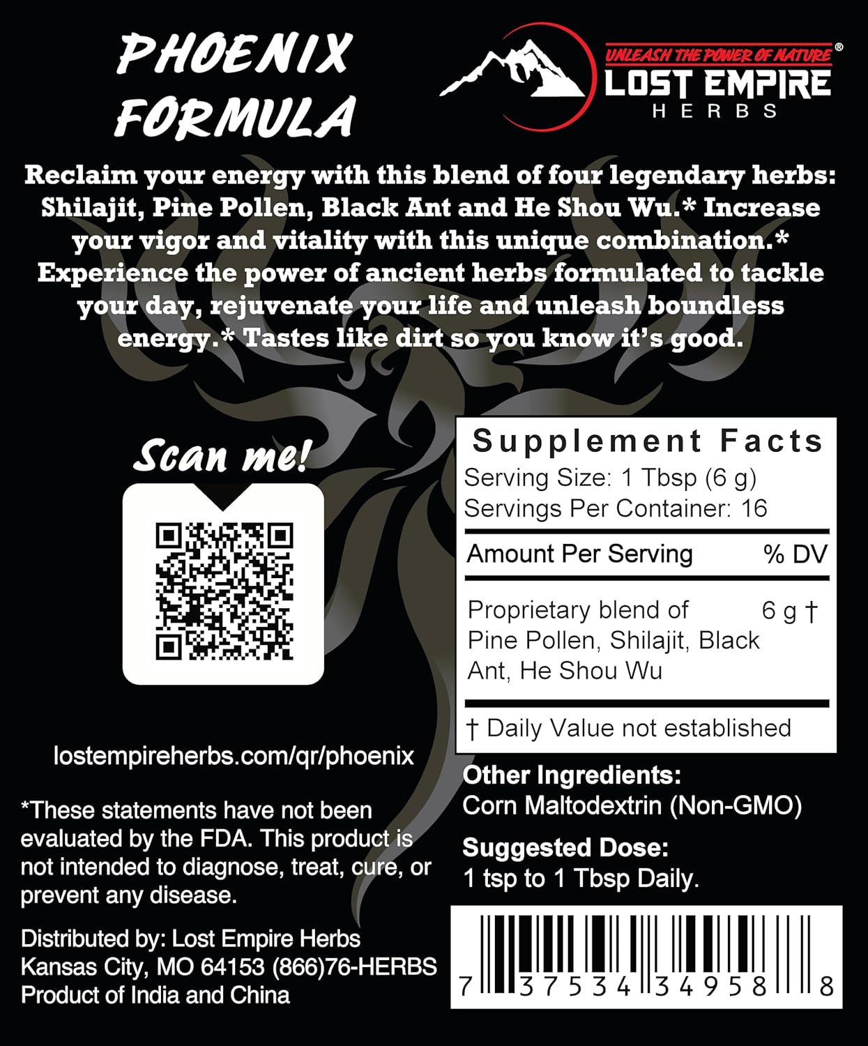 Phoenix Rejuvenation Formula - Lost Empire Herbs Energy Blend of 4 Top Natural Health Herbs Pine Pollen, He Shou Wu, Ant, and Shilajit (100g Powder)