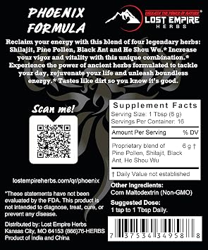Phoenix Rejuvenation Formula - Lost Empire Herbs Energy Blend of 4 Top Natural Health Herbs Pine Pollen, He Shou Wu, Ant, and Shilajit (100g Powder)