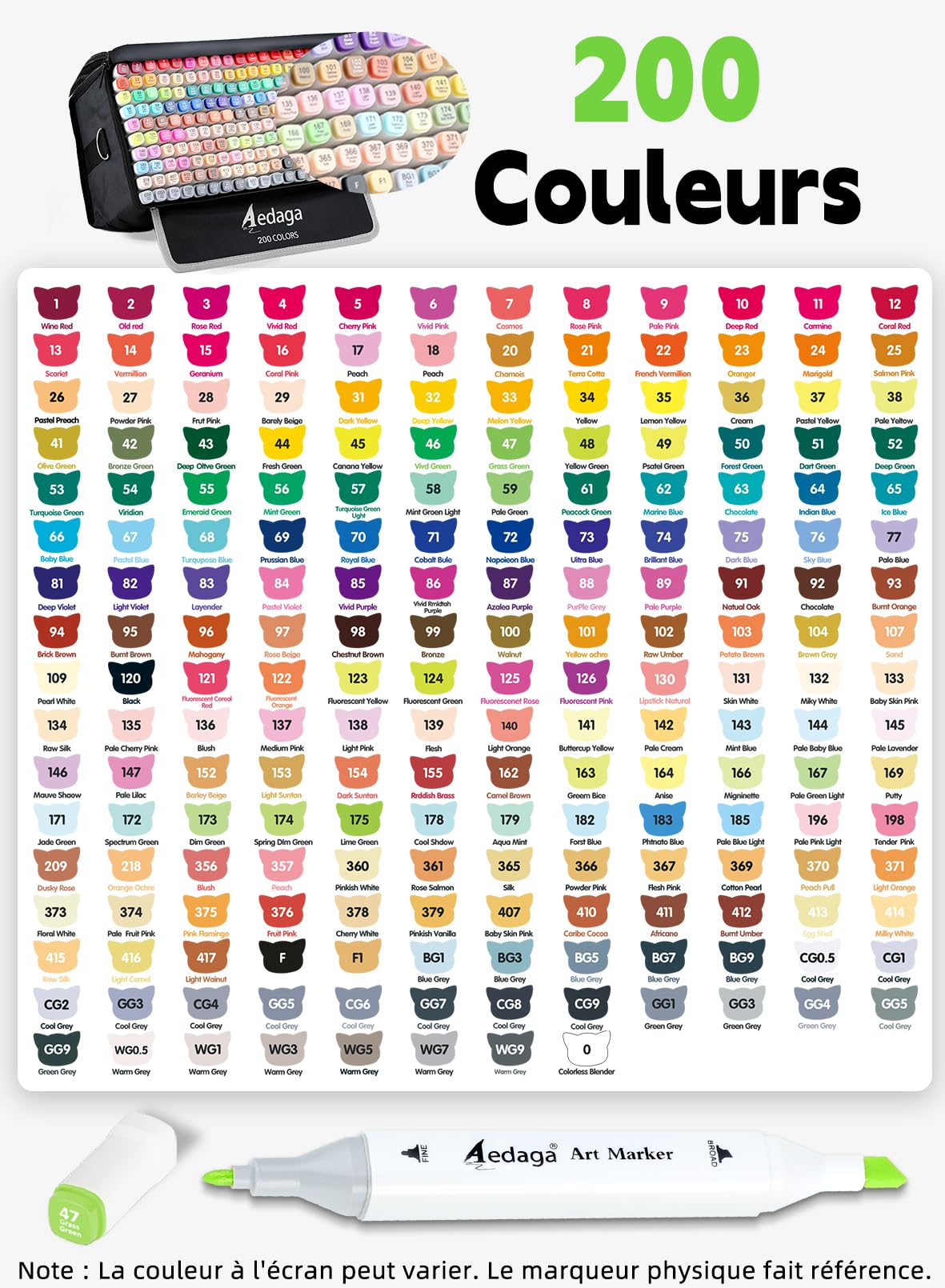 AEDAGA 200 Couleurs Feutre a Alcool avec App Marqueurs Alcool Double Pointe