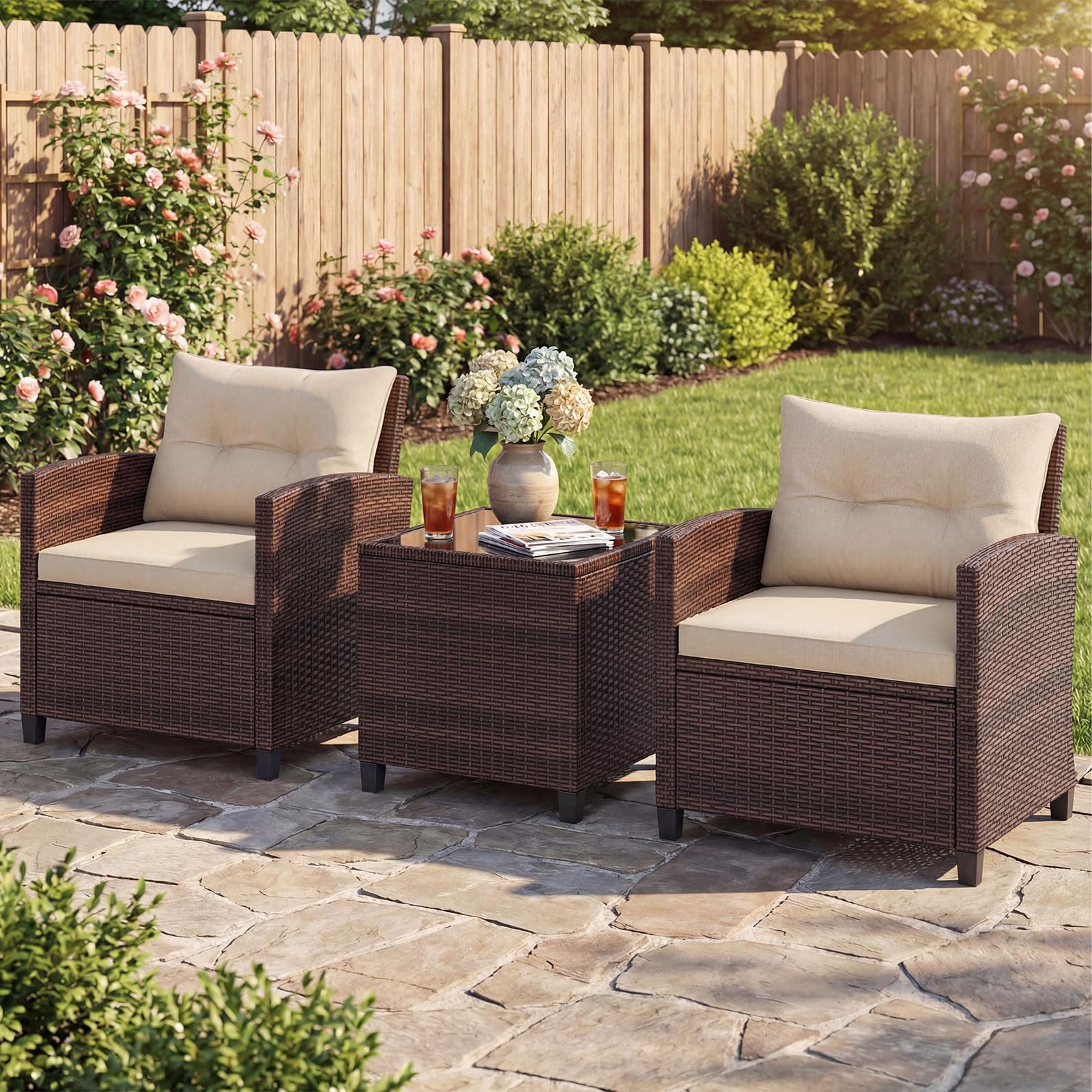 COSTWAY Conjunto Jardin Exterior de Ratán 3 Piezas, 1 Mesa Auxiliar de Vidrio Templado y 2 Sillas con Cojines, Muebles Jardin Terraza Balcon Exterior (Brown)