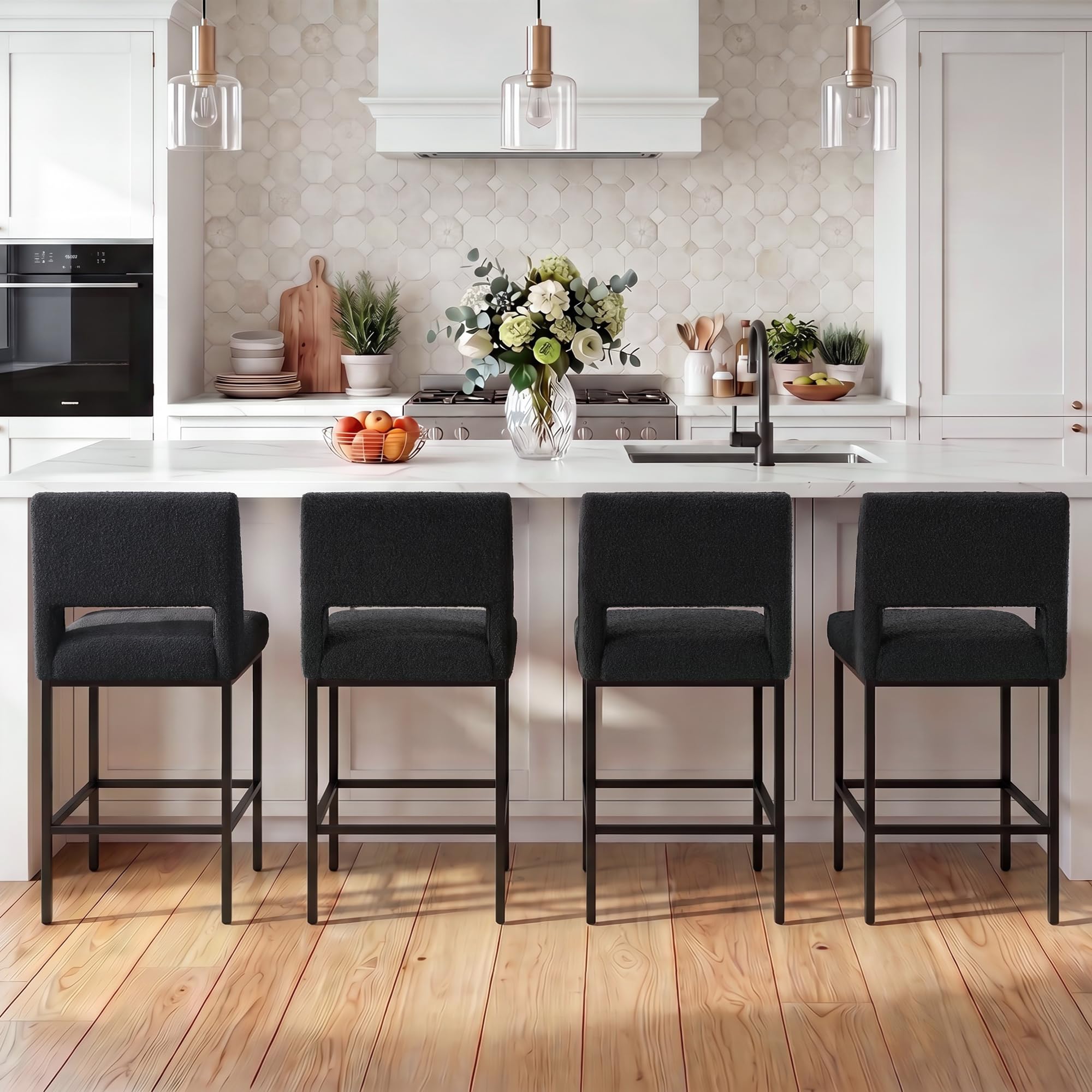 Zesthouse Upholstered Counter Height Stools Set of 4, 26" Boucle Fabric Bar Stools with Back, Metal Barstools Heavy Duty 300 Lbs, Modern Counter Height Chairs for Kitchen Island, Black(Dark Grayish)