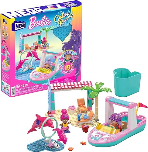 MEGA Barbie Color Reveal Dolphin Exploration Toy Building Set con más de 10 sorpresas, 2 micromuñecas y 2 delfines, juego de regalo de juguete para