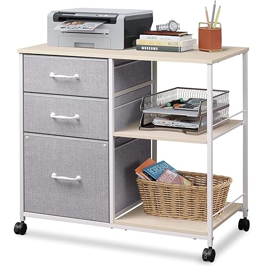 DEVAISE 3 Drawer Mobile File Cabinet, Rolling Printer Stand with Open Storage Shelf, Fabric Lateral Filing Cabinet fits A4 or Letter Size for Home Office, Light Grey