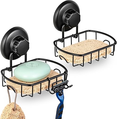 HASKO - Juego de 2 jaboneras con ventosa para pared de ducha, acero inoxidable a prueba de óxido, soporte para jabón de ducha con ganchos, incluye