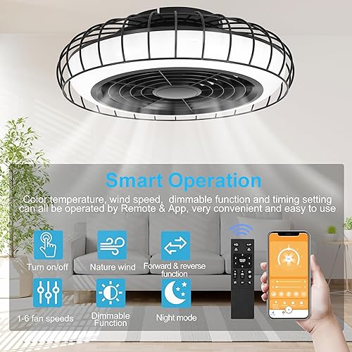 Miniatura 3 de Ohniyou Ventilador de techo moderno de 20 pulgadas con luces y control remoto, luz LED regulable de bajo perfil, cambio de temperatura de color y 6
