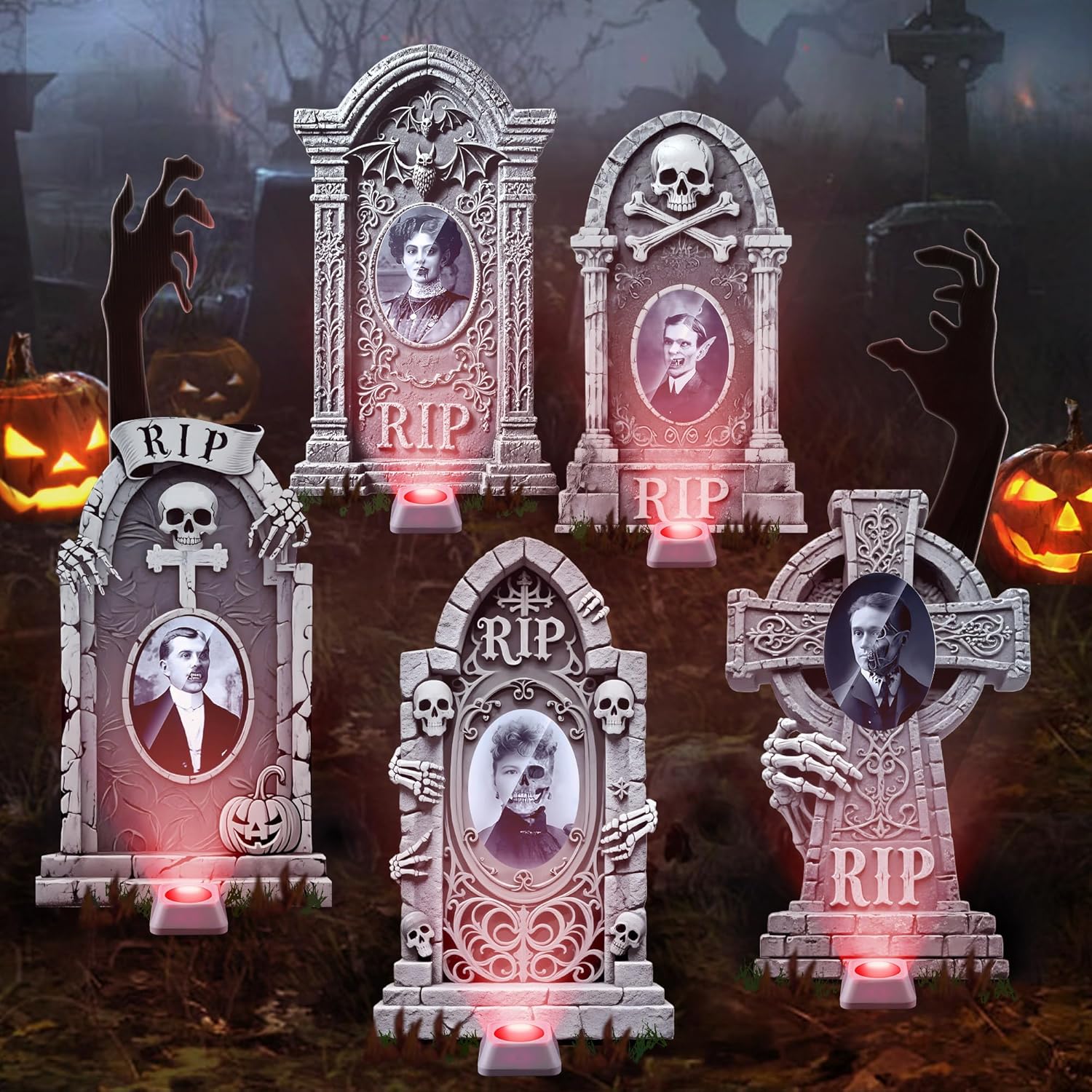 21.65インチ ハロウィーン 墓石 3D 変化する顔 ブラック 手 庭の看板、5 セット ライト付き ハロウィン 墓 墓 芝生 幽