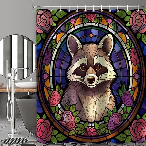 Miniatura 9 de YLATY4413 - Cortina de ducha de mapache para baño, diseño de hojas de flores, arte de cristal, bohemio, tela abstracta, moderna, impermeable,