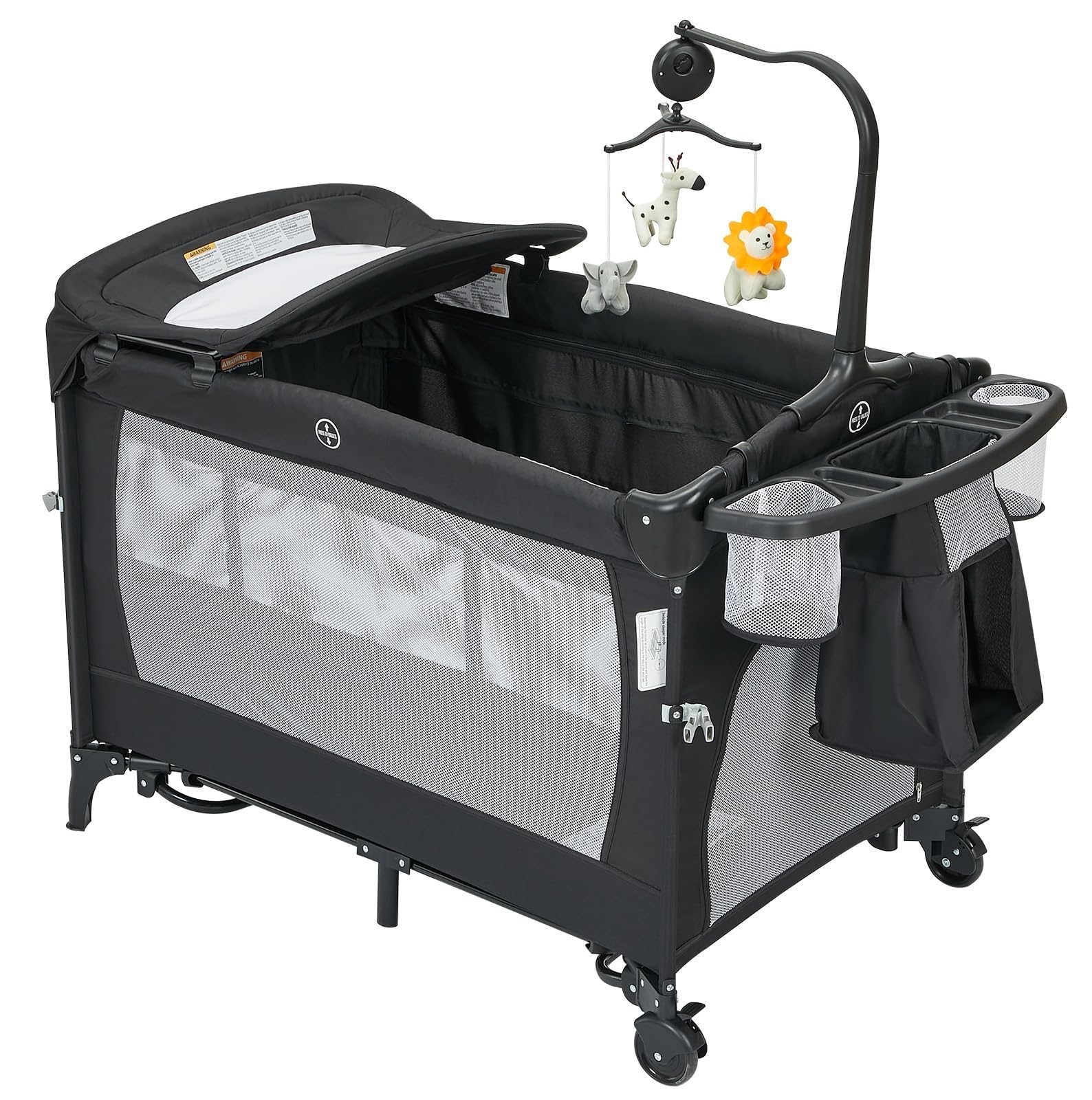 5 in 1 Beistellbett, Reisebett Baby mit Matratze, Babybett | mit Auto-Lock Räder Faltbarer Laufstall mit Musik-Spielbogen, Kinderreisebett mit Bassinet & Wickeltisch, Atmungsaktives Netz
