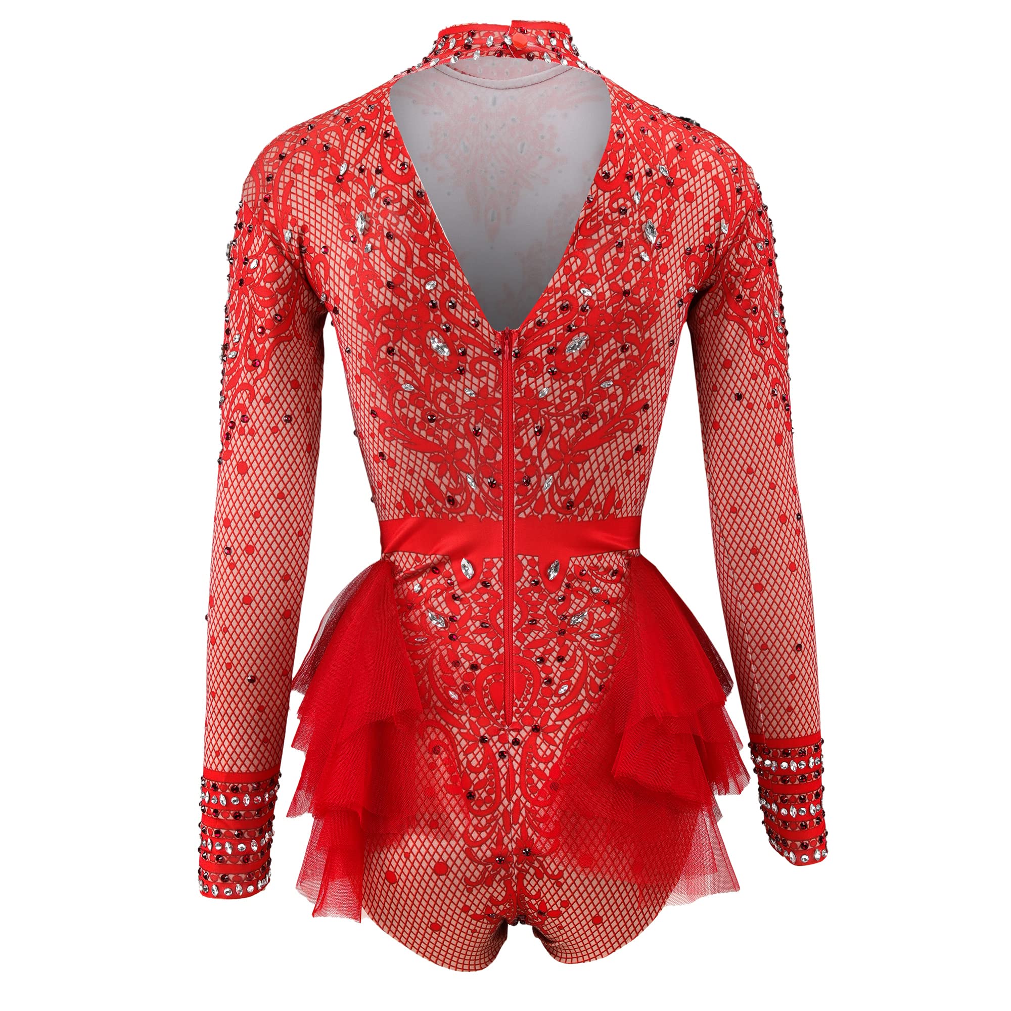 Roter Strass-Body, Tanzkostüm, für Damen, atemberaubend, langärmelig, Drag Queen-Outfit, sexy Club-Nachthemd-Jumpsuits