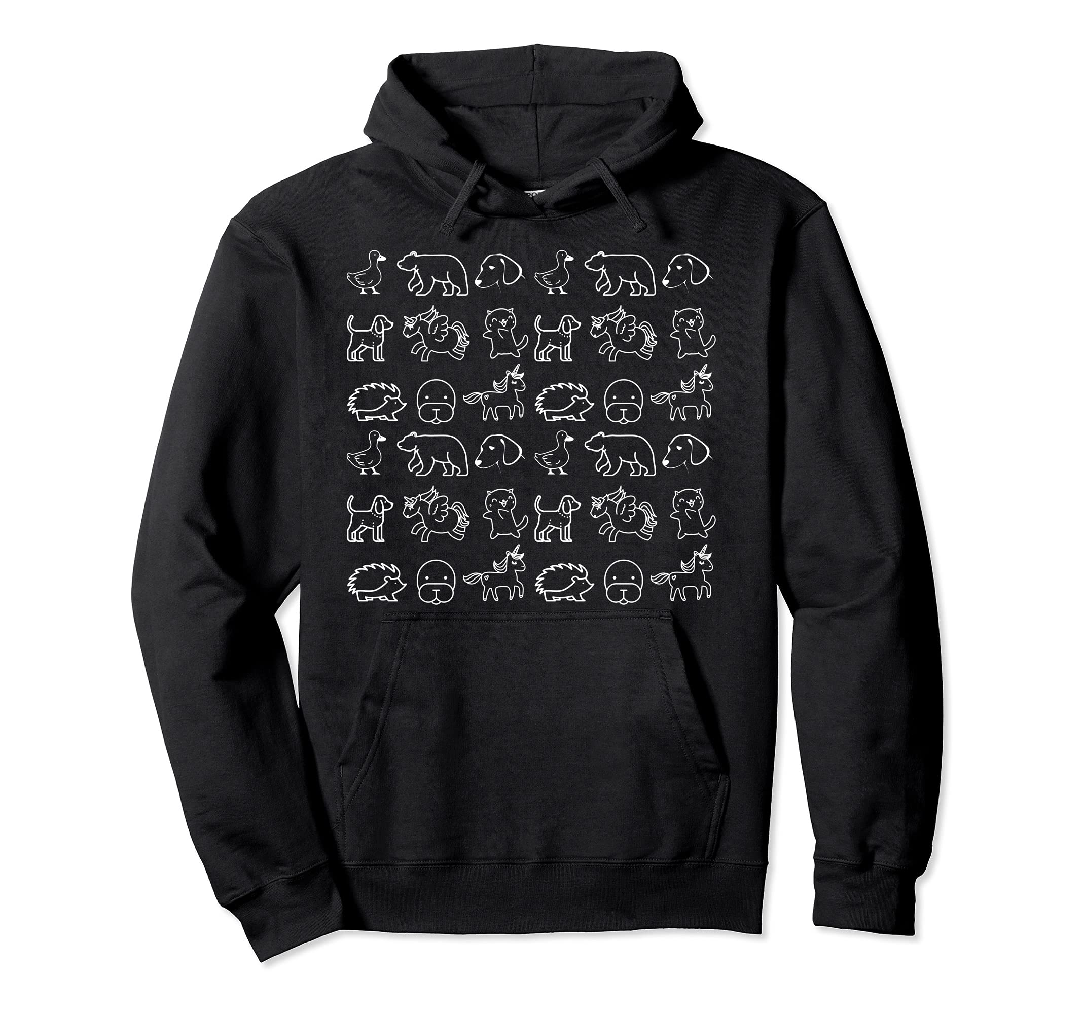 Unicorn Duck Bear Dog Cat Hedgehog Cute Animals Pets Pullover Hoodie, Black