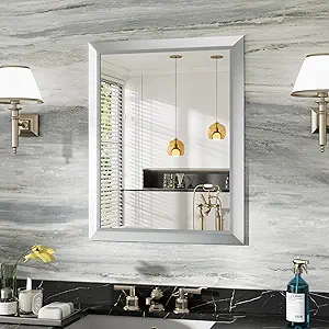 24x30 Inch Silver Bathroom Mirror for Wall, Thick Metal Framed Rectangle Mirrors for Over Sink, Bedroom, Living Room, Entryway, Anti-Rust, HD Tempered Glass