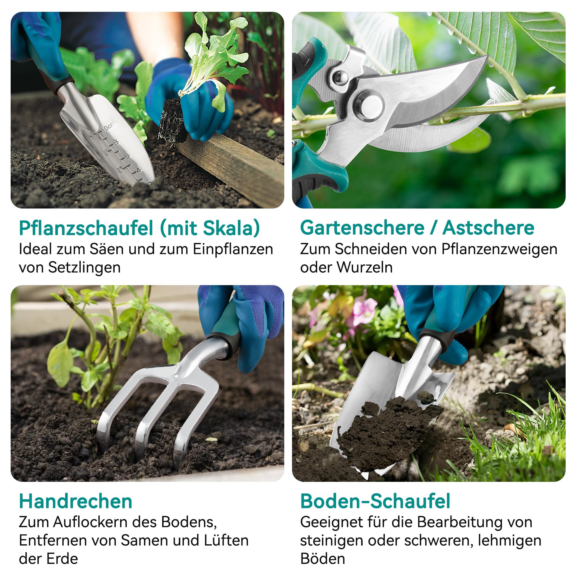 Novent Gartenwerkzeug Set, 7 Stück Gartenset aus Edelstahl, Gartenschaufel, Blumenschere, Handgrubber, Pflanzschaufel mit Aufbewahrungstasche - Geschenke für Frauen, Männer Garten