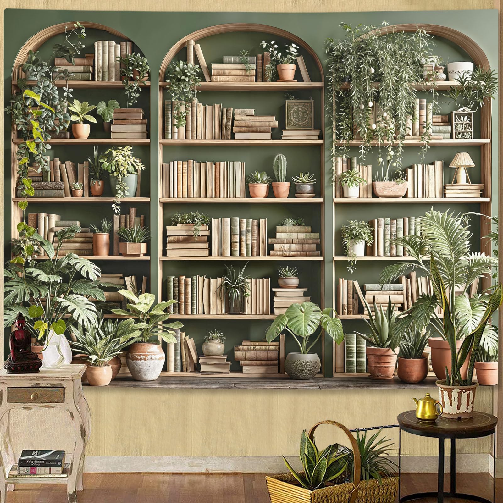 Accnicc Botanical Bookshelf Tapestry Lush Green Plant Book Shelf Tapestries Wall Hanging Art Vintage Retro Potted Plants Academics Library Book Tapestry for Bedroom Living Room Dorm 80 x 60 inch: Sage Green 80"L x 60"W