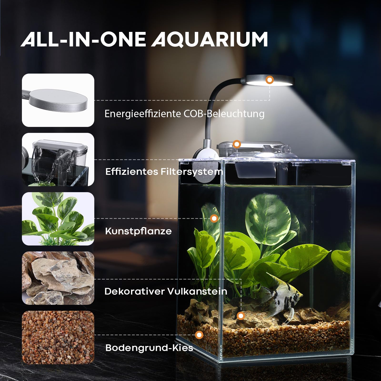 Desktop Betta Kleines Aquarium Glasaquarium 5 Liter Komplettset 15x15x20, Selbstreinigendes Filtersystem, Helles LED-Licht, Kies, Pflanze, Reinigungswerkzeug, Starter-Set für kleine Räume