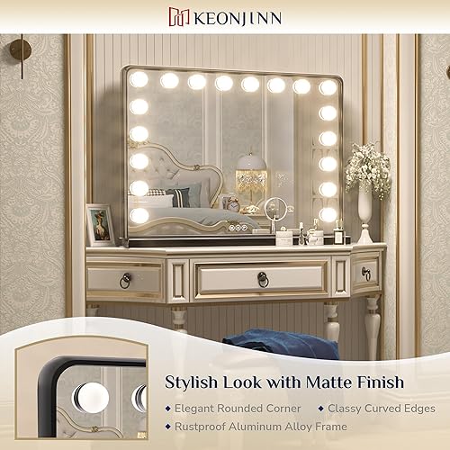 Vista 37 de Keonjinn Espejo de tocador negro con luces, 15 bombillas reemplazables, espejo de maquillaje Hollywood con 2 bombillas de repuesto, 3 luces