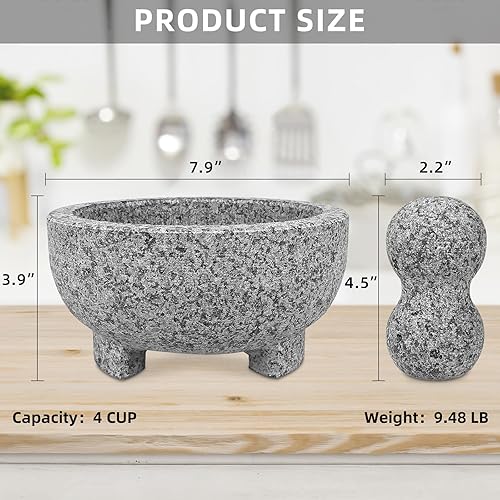 Miniatura 9 de HESHIBI Juego de mortero de granito y mortero de guacamole Molcajete de 7 pulgadas, molinillo de piedra natural de 3 tazas para especias,
