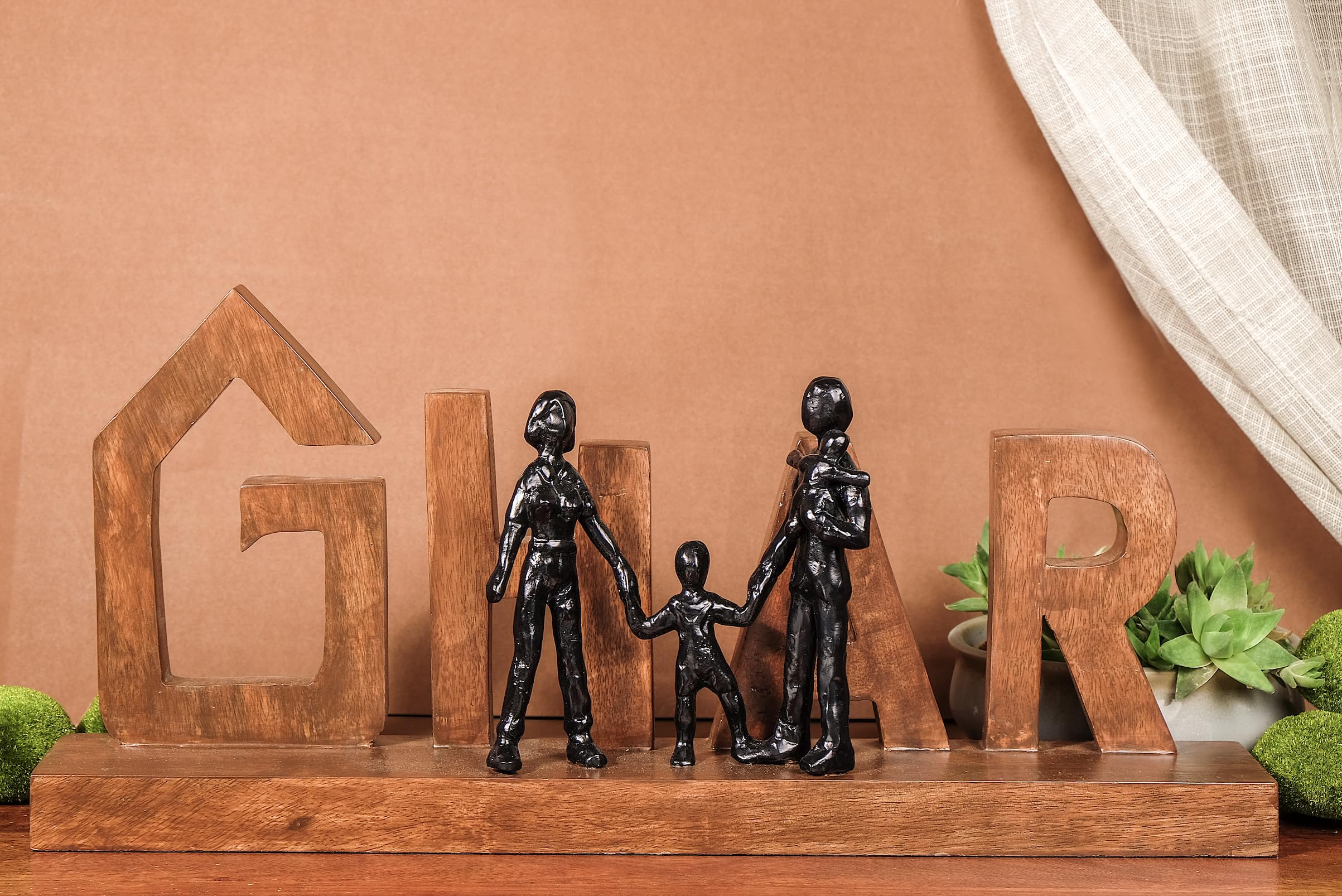 Within Homes Mango Wood Family Sculpture, Ghar Sculpture. Welcome Home Plate. Natural Wood Brown, Home Decor Art, Abstract Human Figures, 56x25x25 cm, Table Top Display (Walnut)-image-22
