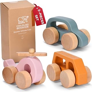 Childlike Behavior Wooden Push Cars for Toddlers 1-3 - Montessori Teething Toys, Durable Colorful Set of 3 Vehicles