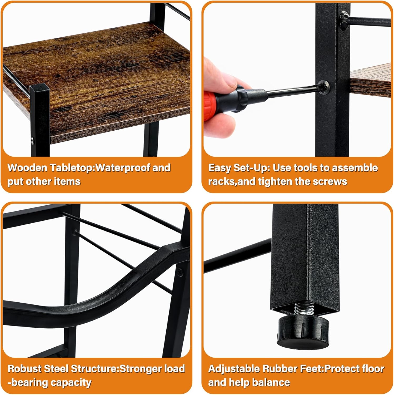 Assembly components laid out on a wooden floor, including metal frames, a wooden top, screws, and a screwdriver.