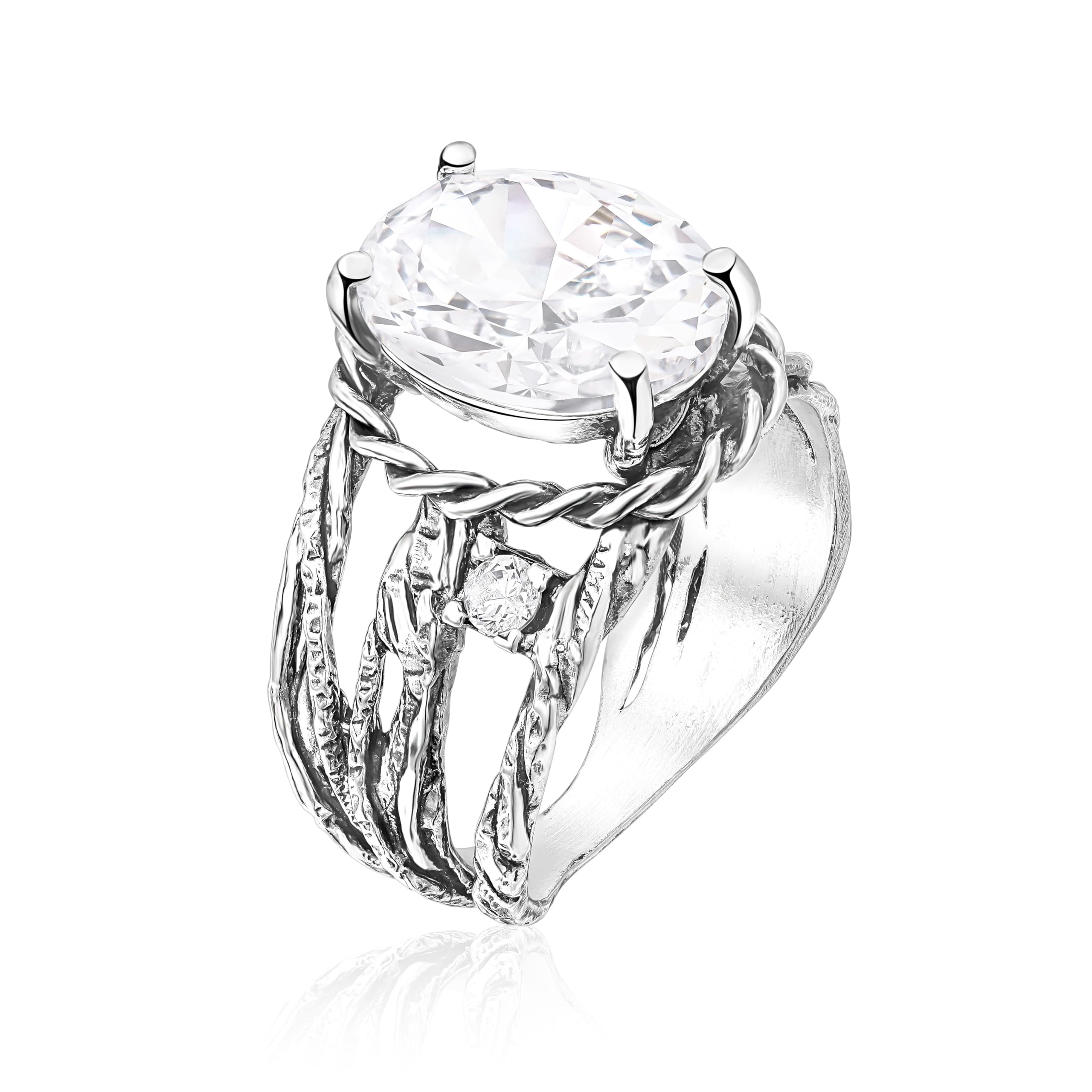 JEAN RACHEL JEWELRY 925 Sterling Silver Oval CZ Wire Wrap Ring - 8.45ct Clear Cubic Zirconia Statement Ring with Braided Accents