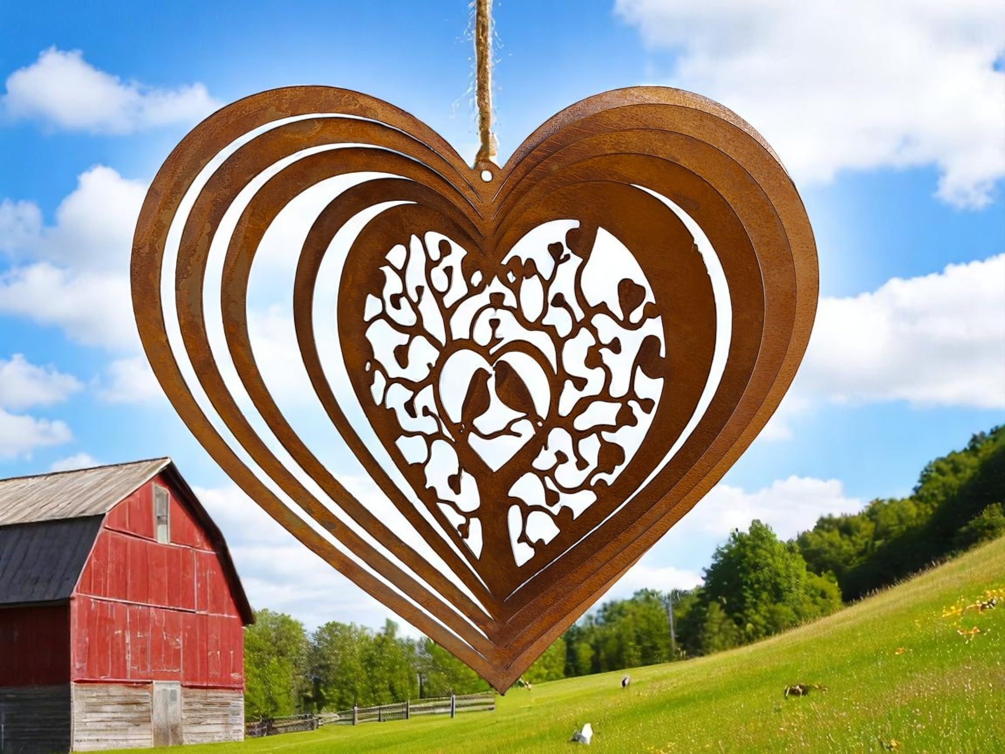 Carillón de viento 3D de corazón, 25 cm, decoración de jardín con diseño de pájaros, aspecto oxidado, decoración colgante de metal para balcón y jardín