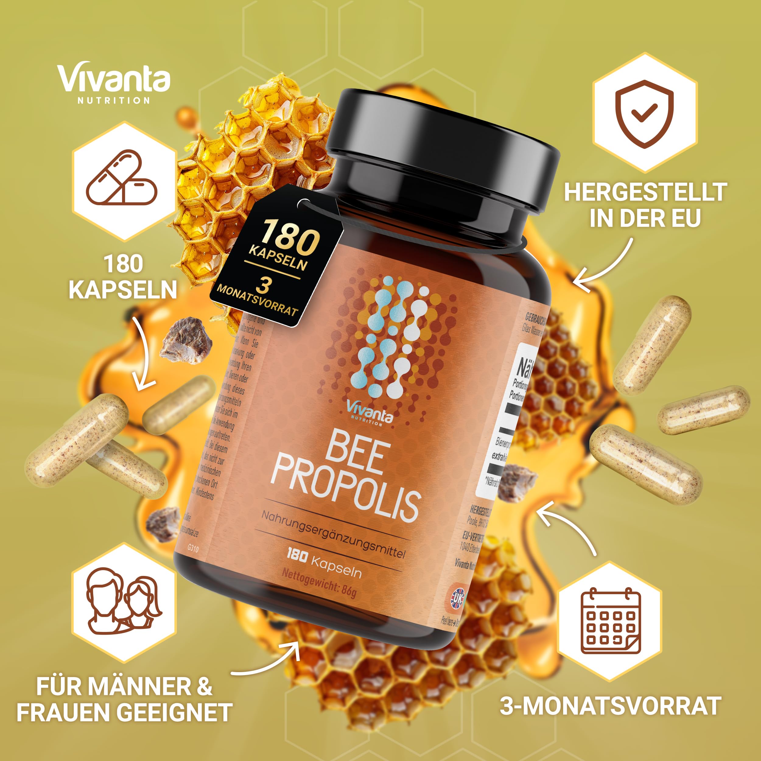 Propolis Kapseln – Hochdosierte Bee Propolis 5:1 Extrakt aus 2.000mg Rohpropolis – 3-Monatsvorrat – 180 Kapseln