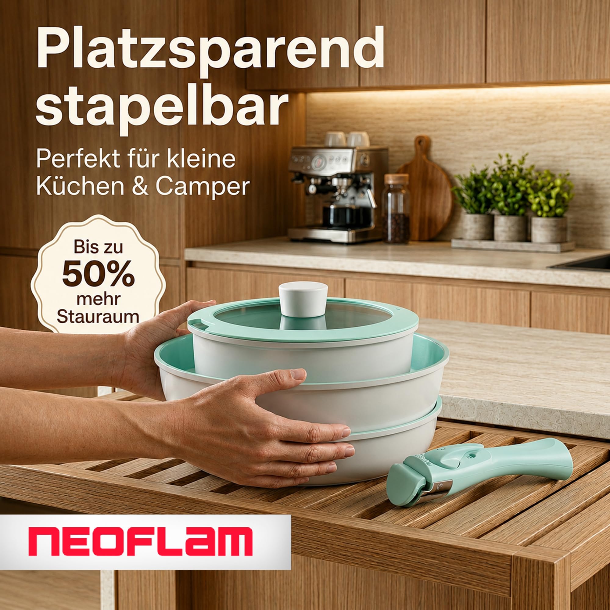 NEOFLAM® - Midas Plus 8-częściowy zestaw garnków i patelni – naturalna powłoka nieprzywierająca ECOLON®, nie zawiera PFAS, nadaje się do płyt indukcyjnych, zdejmowany uchwyt, nadaje się do piekarnika,