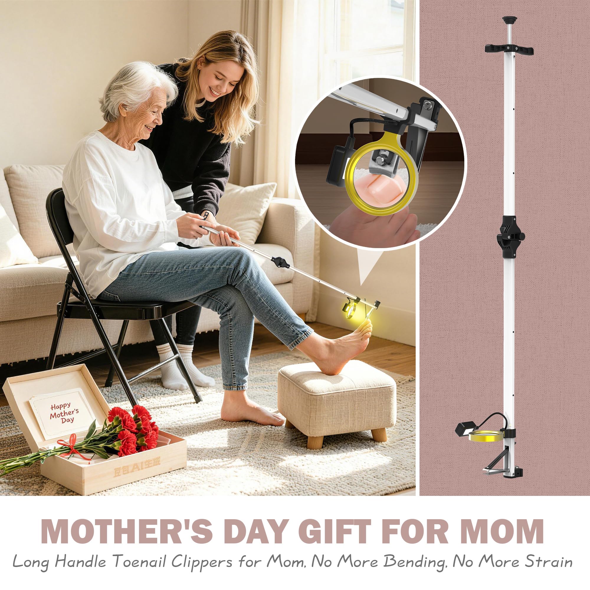Long-Handle Toenail Clippers with LED Light and Magnifier