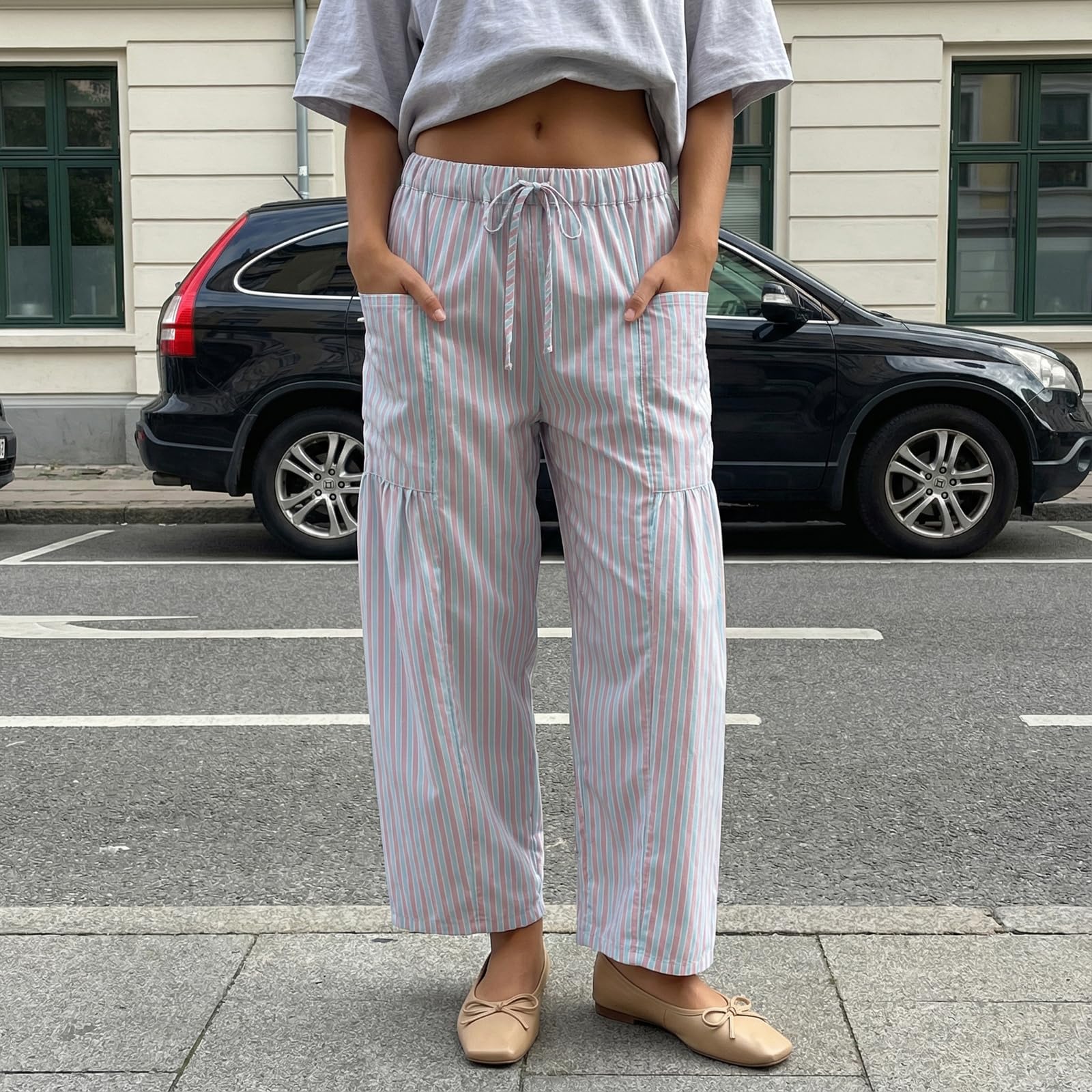 Sexy Outfit Pantalon Sarouel rayé en Coton et Lin pour Femmes, Ample, Jambes Larges, Cordon de Serrage, Pantalon de Plage avec Poches, vêtements de détente d'été