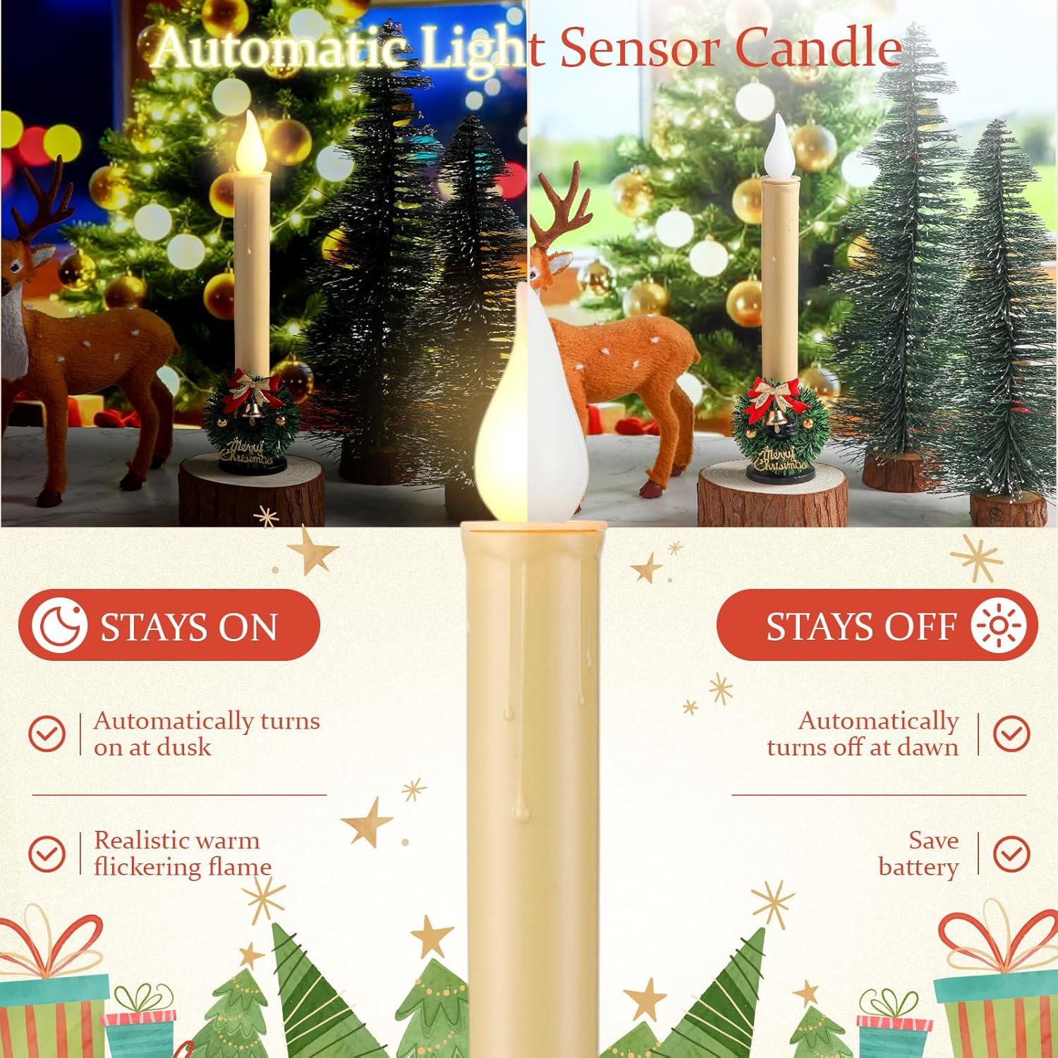 Baquler 20 Pieces Christmas Window Candle Lights with Sensor Dusk to Dawn Battery Operated Flameless LED Candles with Wreath and Candle Holders Bulk for Xmas Holiday Party Decor