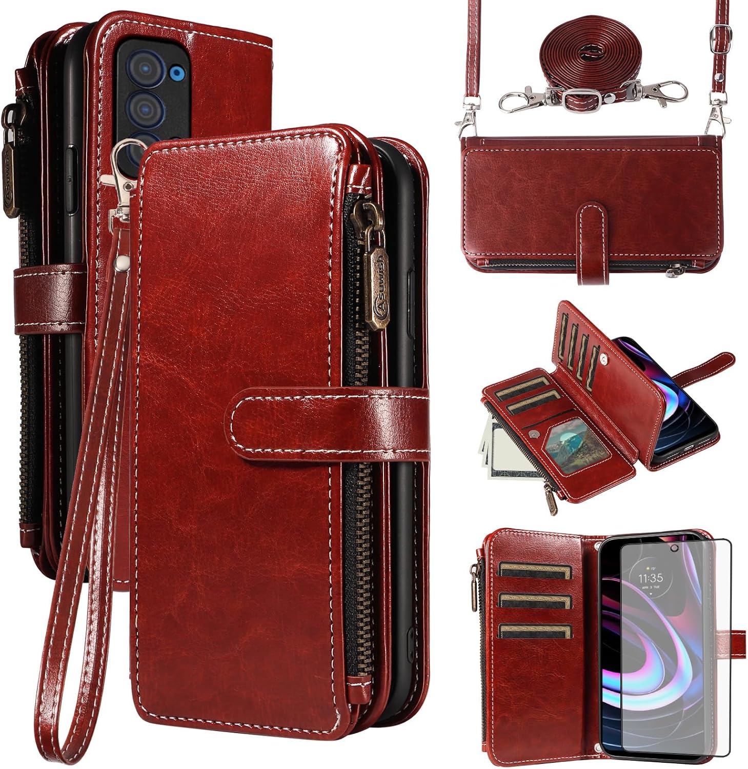 Asuwish Phone Case for Motorola Moto Edge 2021/MotoEdge 5G UW 2021 Cover with Tempered Glass Screen Protector and Lanyard Zipper Wallet Card Holder Slot Stand Mobile Cell XT2141-1 Women Men Brown