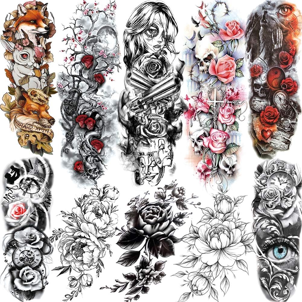 SANATA 10 Sheets Extra Large Sexy Rose Flower Full Arm Sleeve Temporary Tattoos For Women 3D Big Peony Blossom Gun Cross Tatoo Death Skull Colorful Fox Wolf Fake Tattoo Sleeve Face Sticker Leg Hands