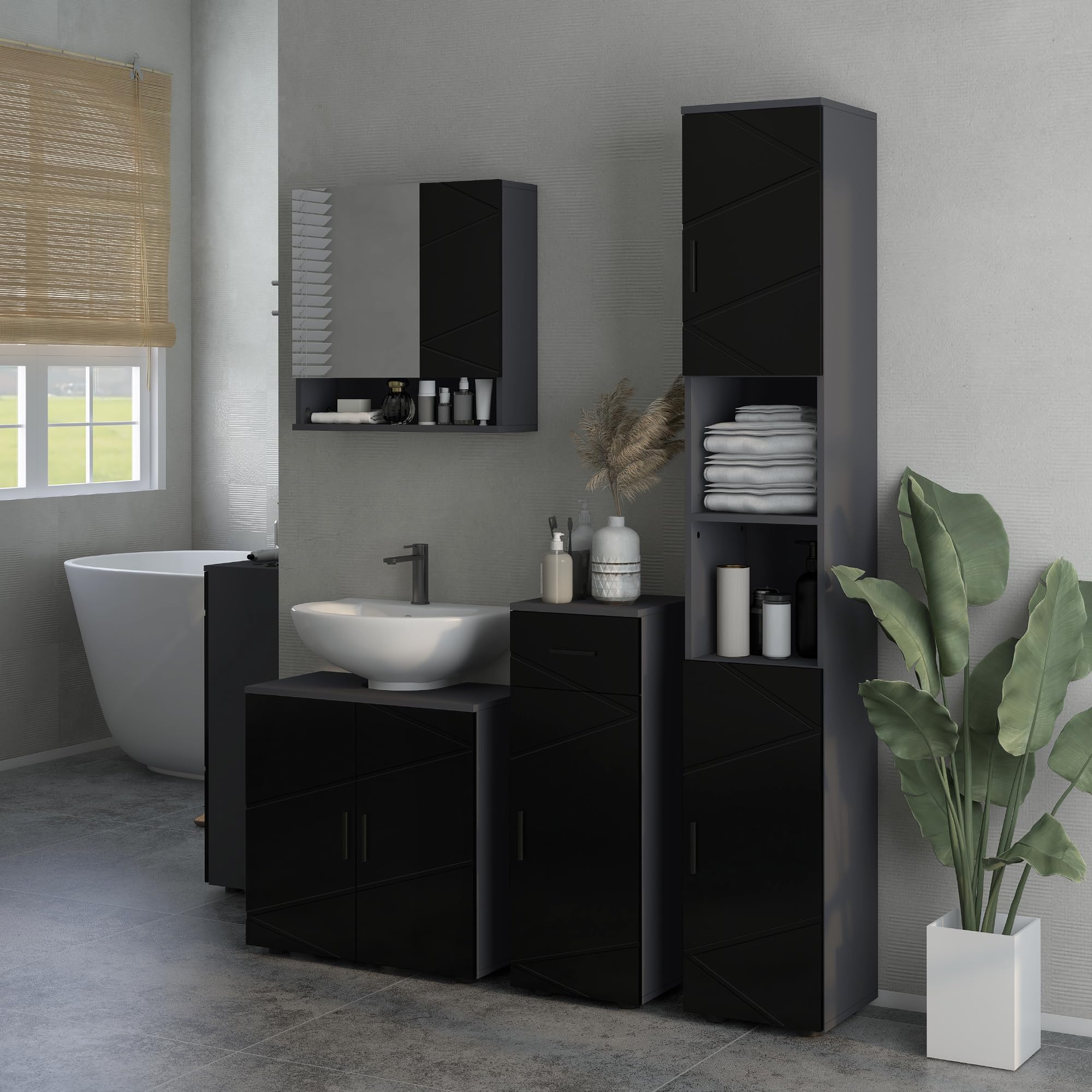 kleankin Colonna Bagno in Truciolato con 2 Ripiani Aperti e 2 Armadietti a 2 Livelli Regolabili, 30x30x183 cm, Nero e Grigio Scuro