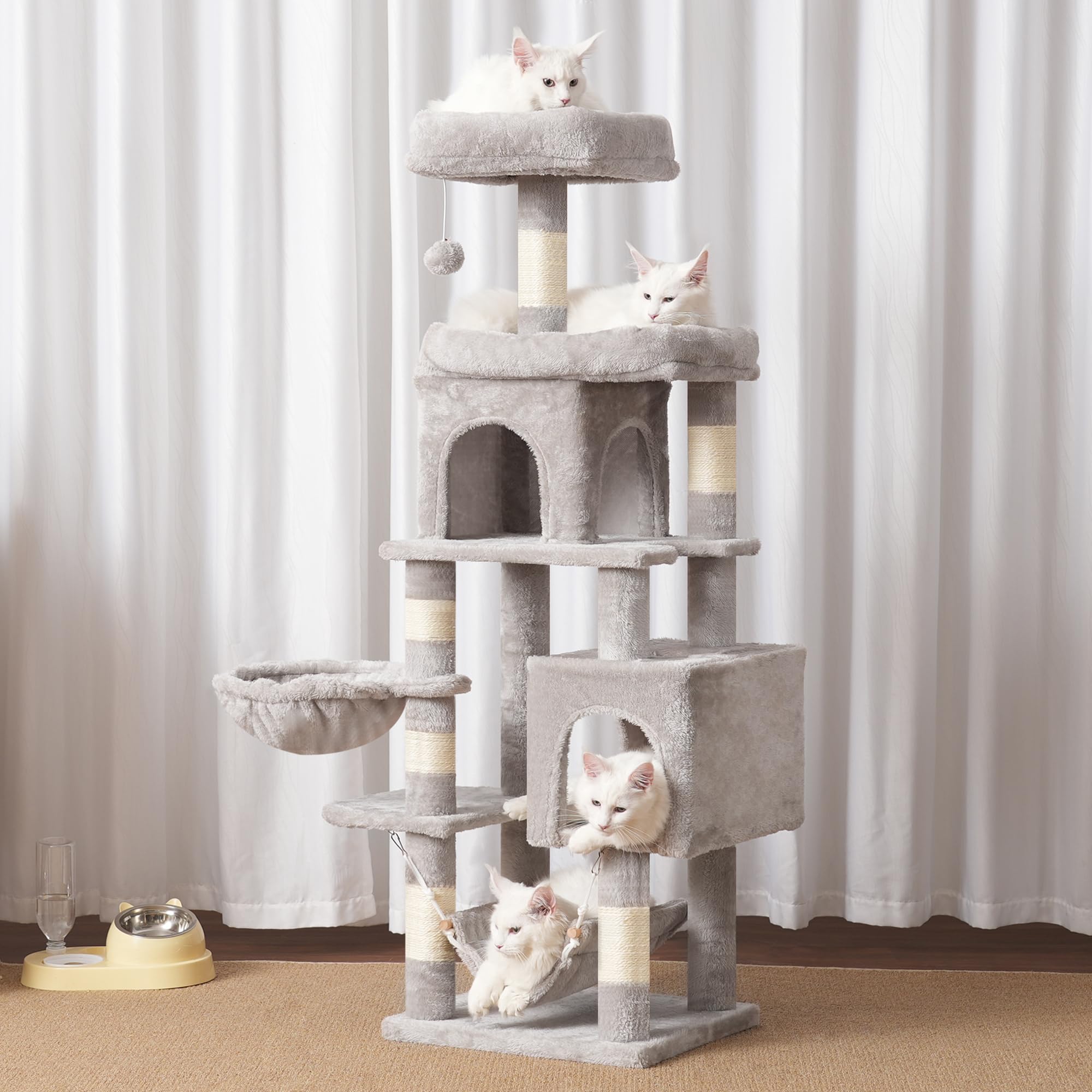 Heybly Kratzbaum, 145 cm Hoher Mehrstöckiger Kratzstamm-Kletterturm, Mit 2 Großen Plattformen, 2 Großer Katzennestern, Katzenkorb, Hängematte, Ballspielzeug, Hellgrau HCT016W