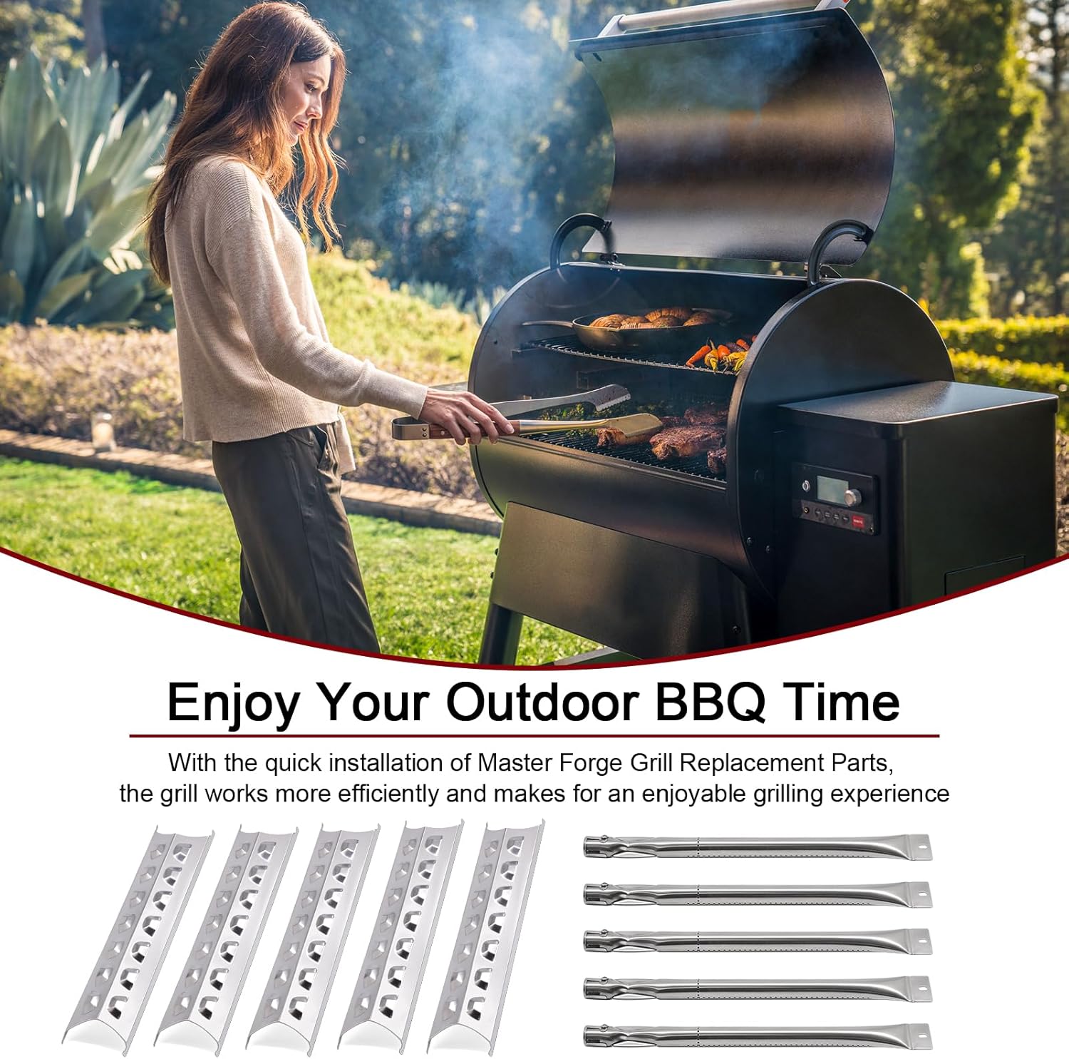 Hiorucet Grill Replacement Parts for Master Forge 5 Burner 3218LT, 3218LTN, L3218, 2518-3, 3218LTM, Kenmore Gas Grill Models 148.16156211, 148.16137110, 5 Pack SPE181 Heat Plate SBE601 Grill Burner