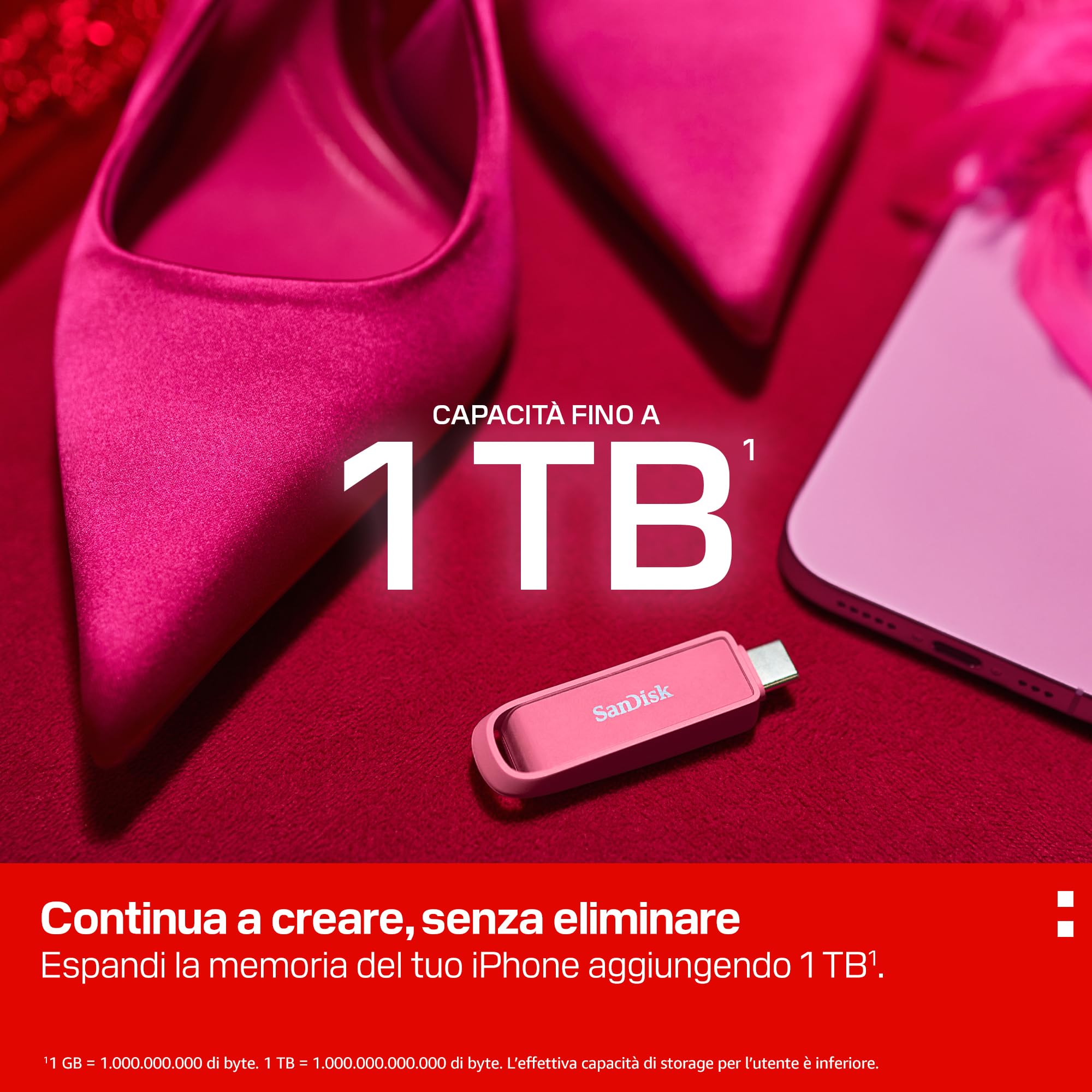 SANDISK Unità per telefono con USB Type-C 1 TB (per smartphone, tablet e computer, velocità fino a 150 MB/s, backup automatic, recupero dati) - Seastar Pink