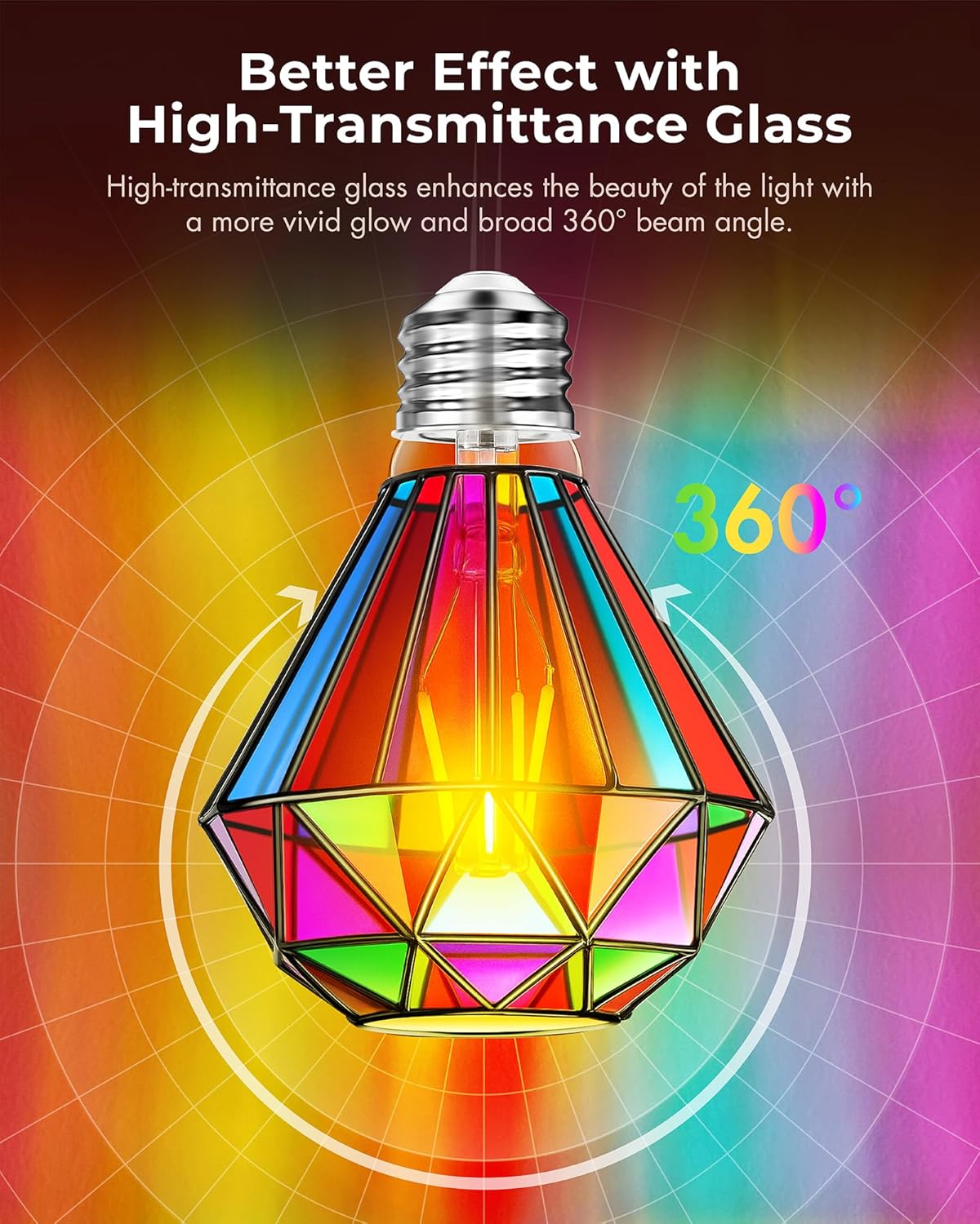 Dimmable LED Stained Glass Light Bulb, Hand-Painted Colored Light Bulbs Indoor, 3.5W E26 G95 Decorative Bulbs for Party Home Room Garden Bar Halloween Christmas Decorations, 1 Pcs