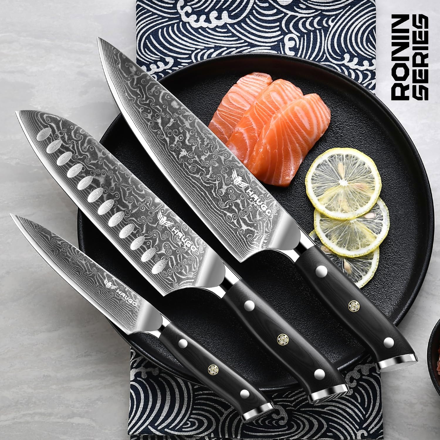 Damascus Knife Set - Haugo 3 PCS Professional Chef Knife Set with Japanese VG10 Steel Core - Ultra Sharp Kitchen Knives and Full Tang G10 Handle - Ronin Series - Gift Box - Image 2