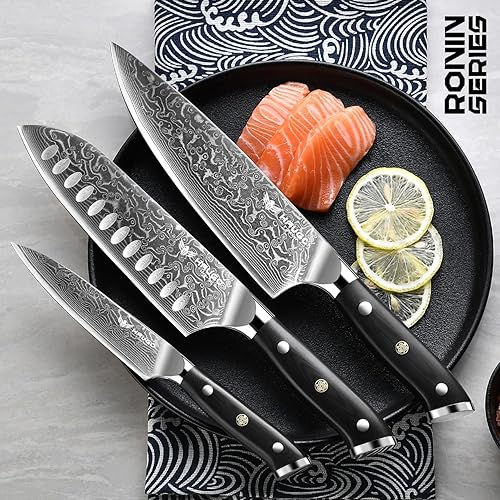 Miniatura 2 de Juego de 3 cuchillos de chef profesional de Damasco con núcleo de acero japonés VG10, cuchillos de cocina ultra afilados y mango G10 de espiga